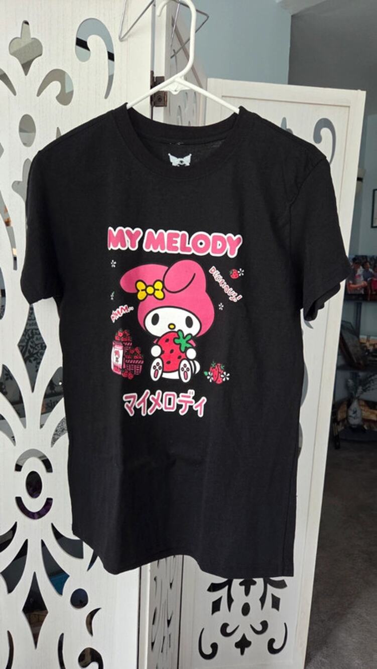Sanrio My Melody Strawberry Graphic Tee Small Black Kawaii Anime Shirt NWOT